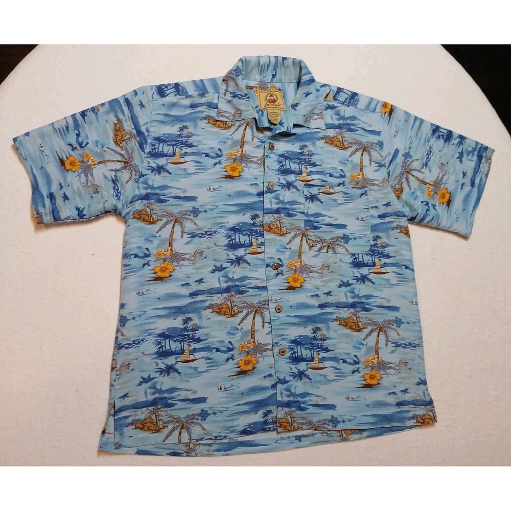 Joe Marlin Hawaiian Shirt Mens L Blue Rayon Blend Island Scenic Palm Tree Aloha